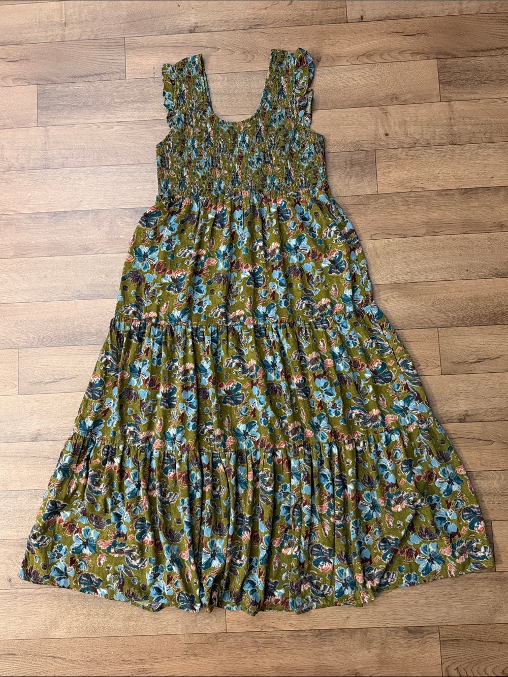 Natural Life Size Large Olivia Smocked Maxi Dress In Olive Floral Vacation Comfy - Picture 2 of 14